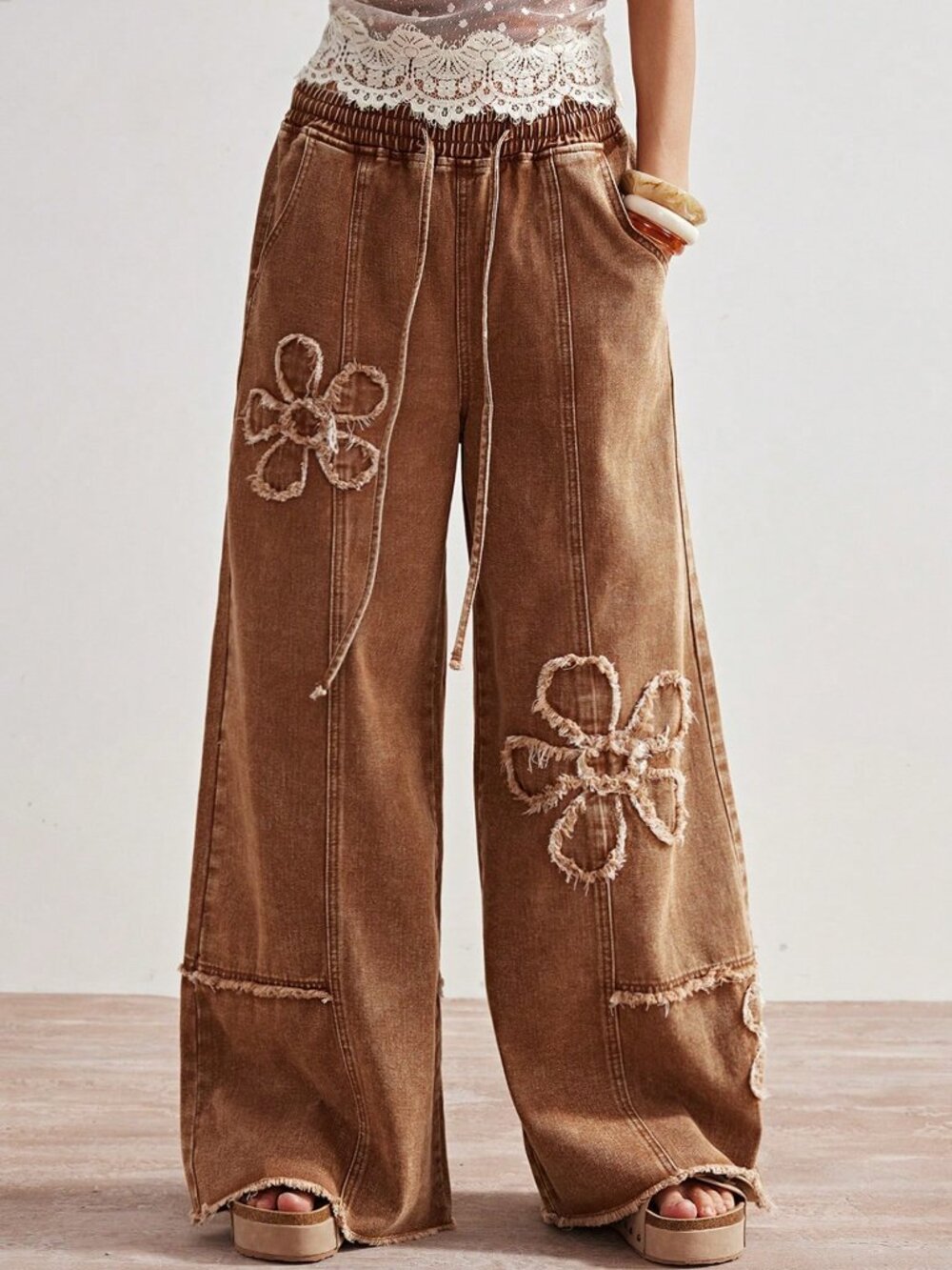 Brown Casual Women's Wide Leg Pants With Plant Patches And Pockets - Picture 6 of 9